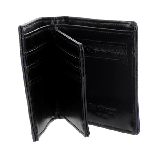 A black leather bi-fold wallet lies open, displaying multiple card slots and a zippered compartment. The brand "SEAGULL" is visible inside.