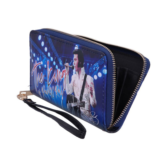 A wallet featuring a performer with a guitar and a microphone, illuminated by stage lights. Text reads "The King of Rock & Roll." The wallet is partially open, revealing compartments.