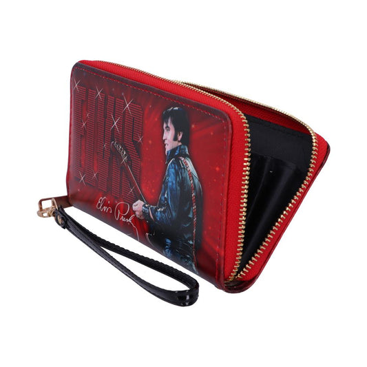 A red zippered wallet with a wrist strap features an image of a man in a leather jacket holding a guitar. Text reads "ELVIS" and "Elvis Presley" in a glittery style.