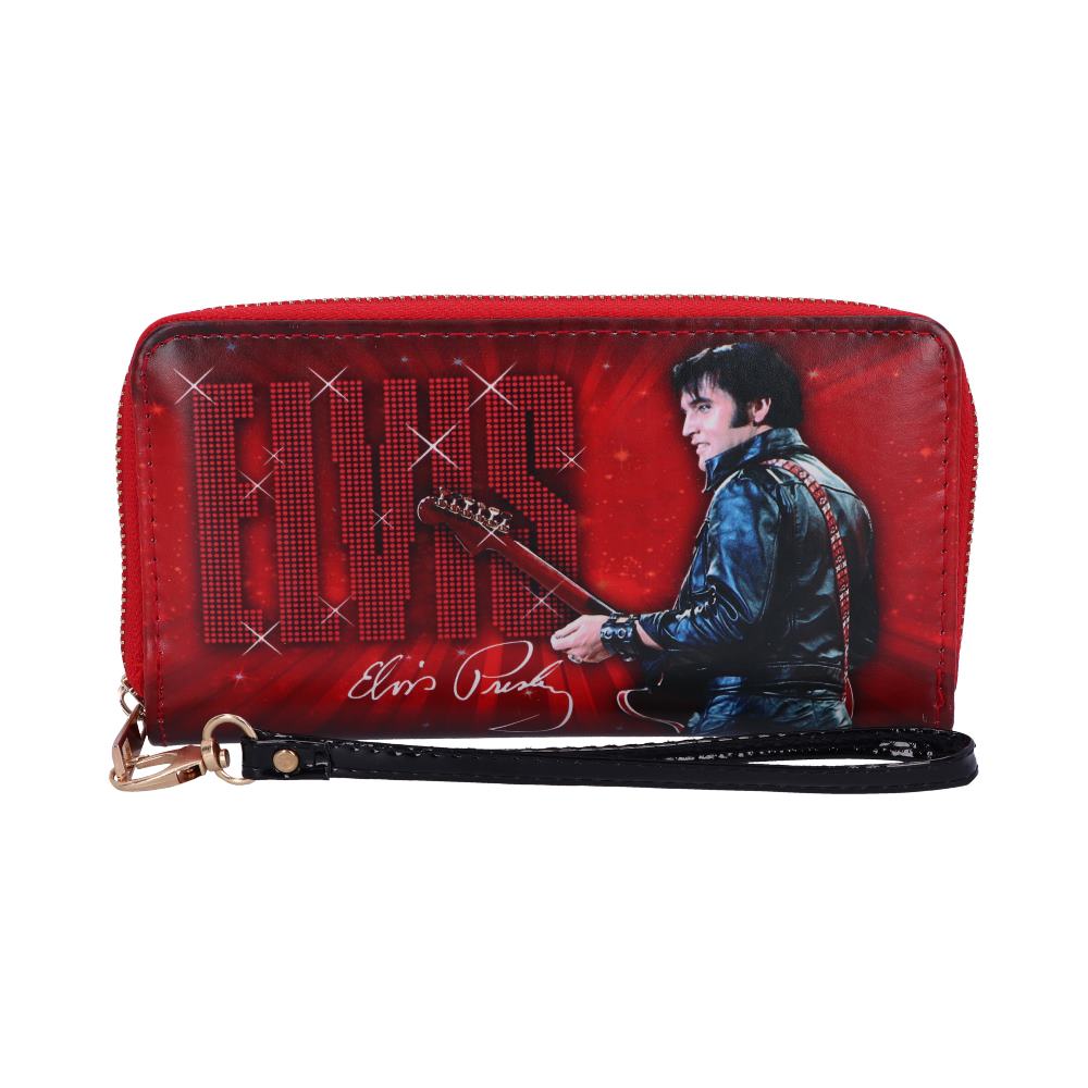A red wallet features a man in a blue outfit playing guitar. The background has the name "ELVIS" in large letters and "Elvis Presley" in cursive.