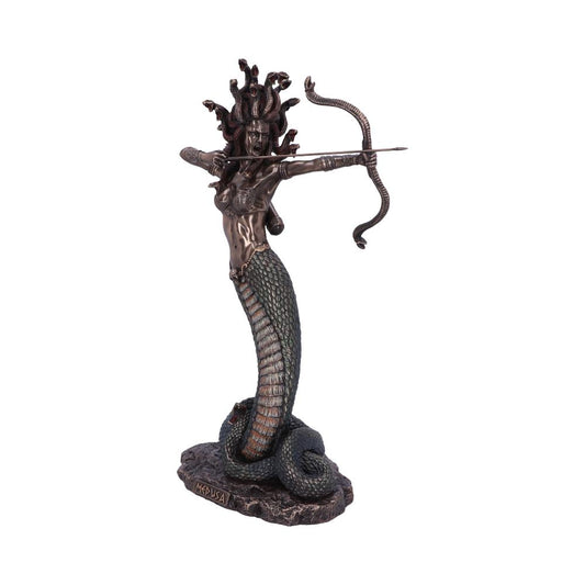 A bronze Medusa sculpture with snake hair draws a bow, standing on a rocky base labeled "Medusa," against a plain backdrop.