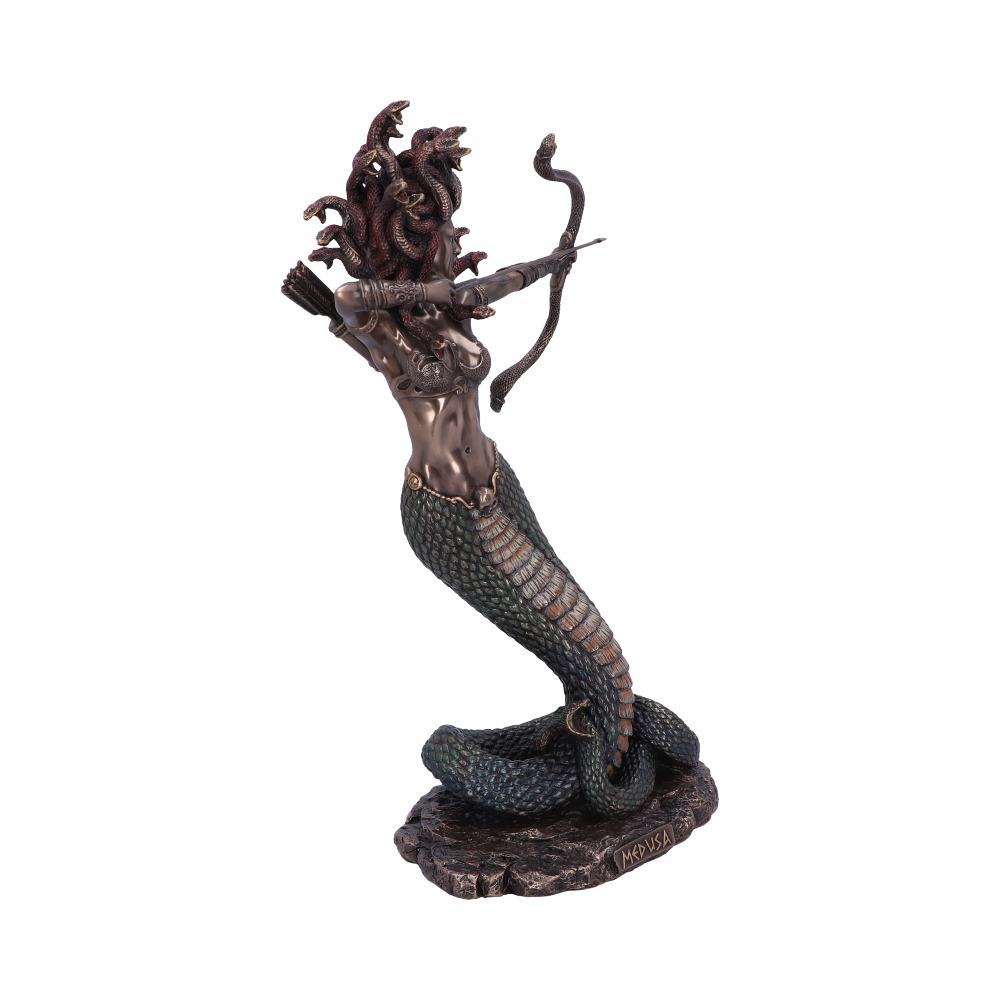A Medusa statue draws a bow, featuring a snake torso and serpent hair, posed dynamically on a textured base. The base reads "MEDUSA."