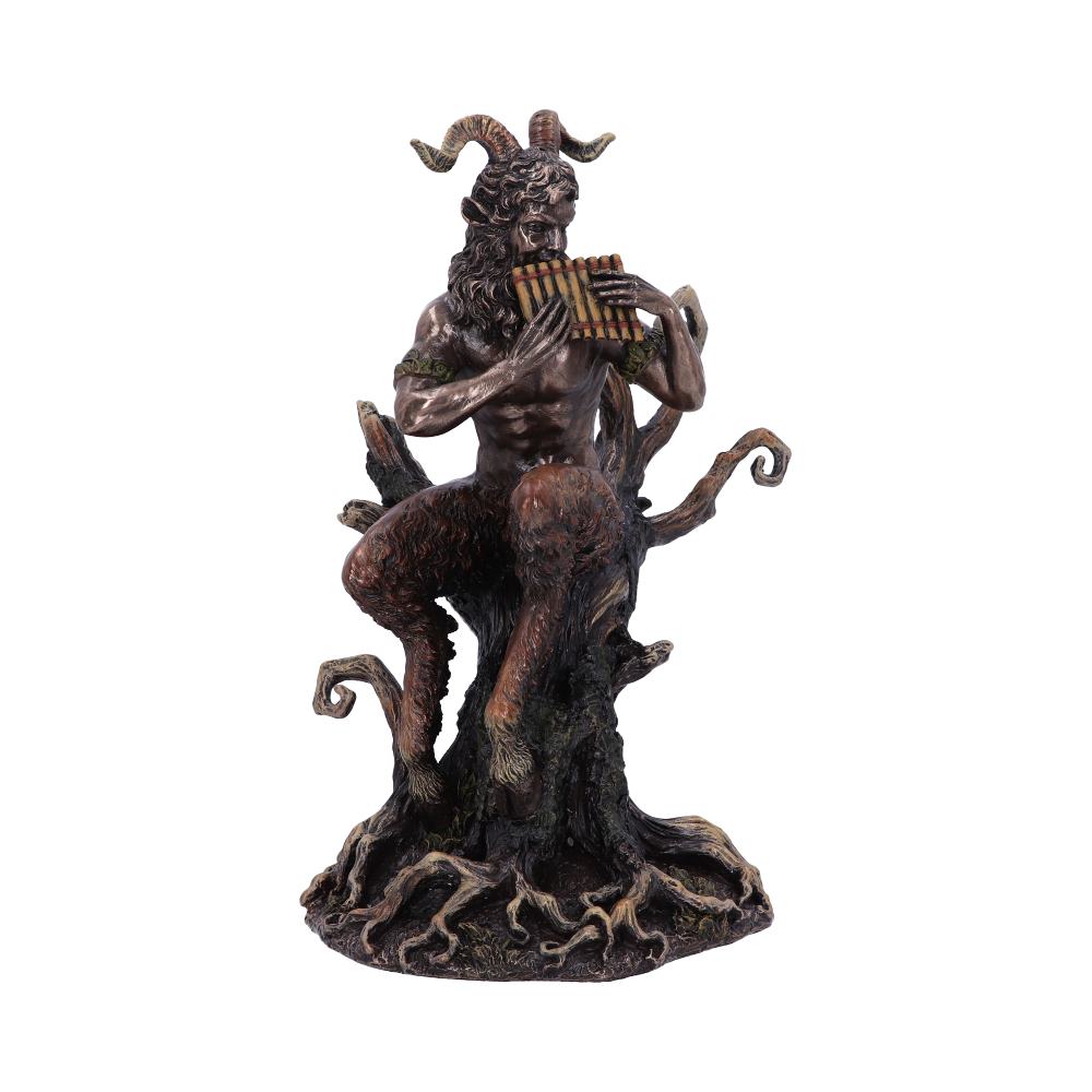 A horned, goat-legged figure plays panpipes, sitting on twisted, root-like branches in a mythical setting, blending human and natural elements.
