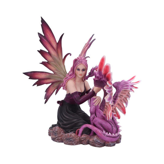 A winged fairy kneels, caressing a magenta-scaled baby dragon on a rocky base. The figures are predominantly shades of pink, purple, and magenta.