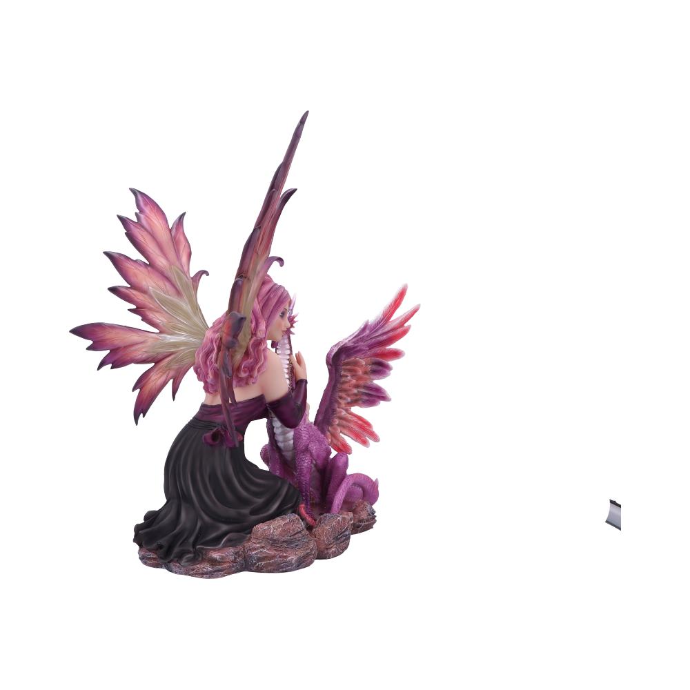 A pink-haired fairy kneels on brown rocks. She's next to a purple dragon with reddish wings. The fairy is looking at the dragon, her hand near its face.
