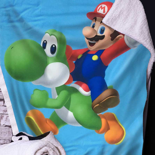A character in blue overalls rides a green dinosaur on a colorful blanket draped over white towels, set against a stone-patterned wall.