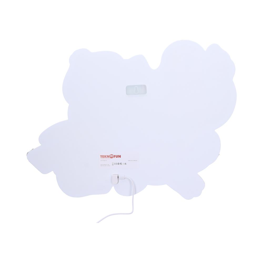 A white shaped LED panel featuring a mounted hook and a connected power cord. The text reads “TEKNOFUN.” Surrounding it is a plain white background.