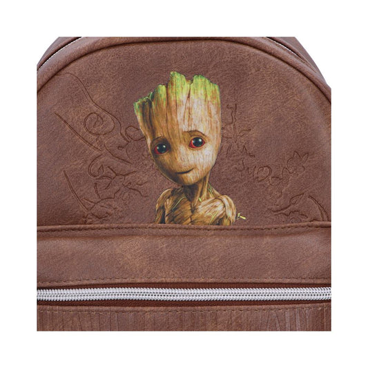 A brown backpack displays a baby Groot image; the backpack's zipper is visible.