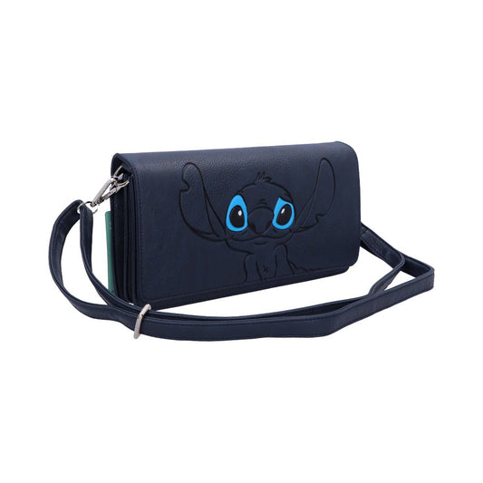A dark blue purse with a cartoon character design and blue eyes on the front. It features a detachable strap, positioned against a plain white background.
