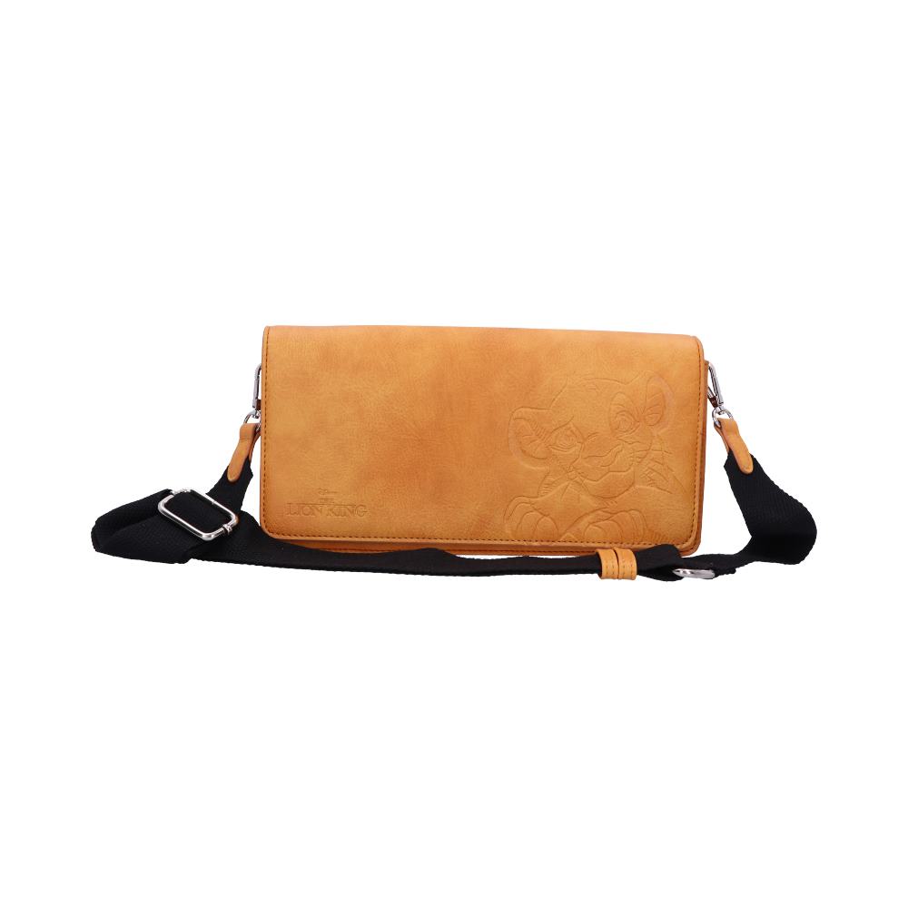 A tan leather clutch features an embossed cub design, with "The Lion King" text, and a detachable black strap. The clutch is set against a plain white background.