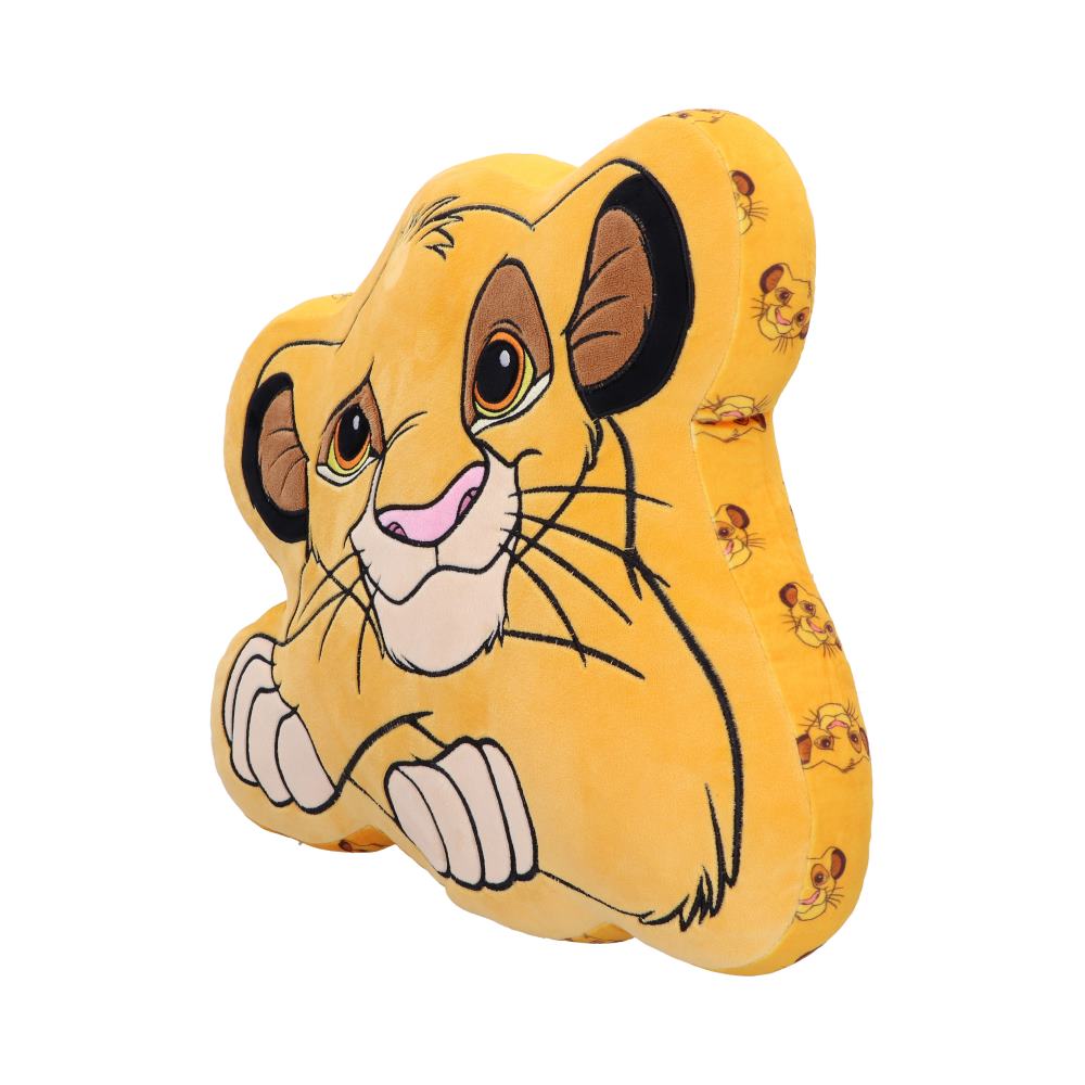 A Simba-shaped pillow with his cub-like image printed multiple times is positioned on a white background.