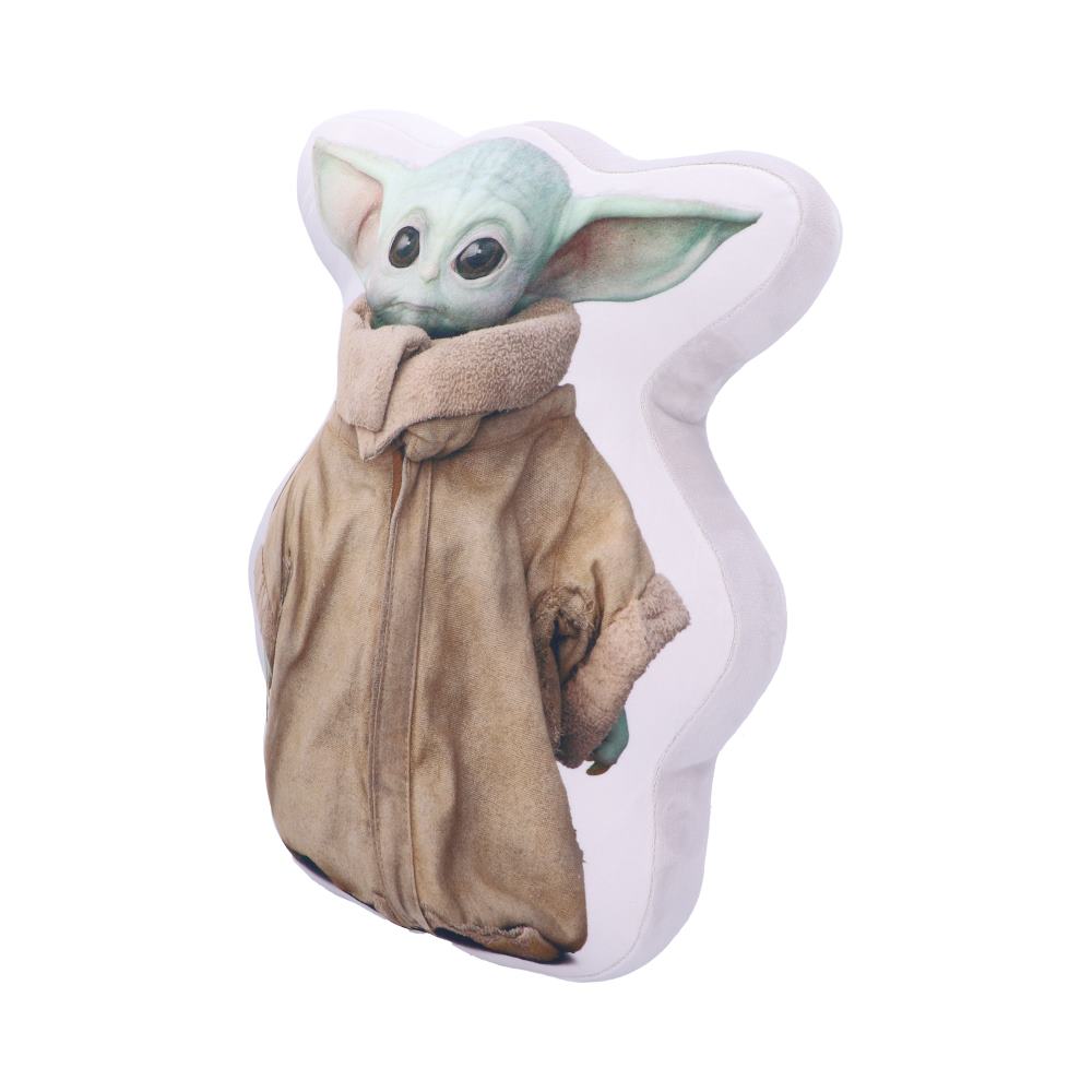 Stuffed pillow featuring a small, green creature with large ears, wearing a tan, oversized robe. The pillow is shaped to match the character's silhouette, set against a plain background.