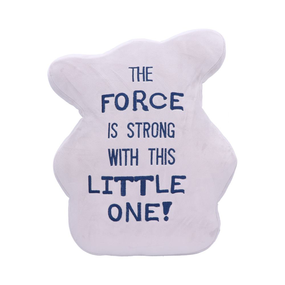 A soft, star-shaped pillow displays dark blue text: "THE FORCE IS STRONG WITH THIS LITTLE ONE!" against a plain white background.