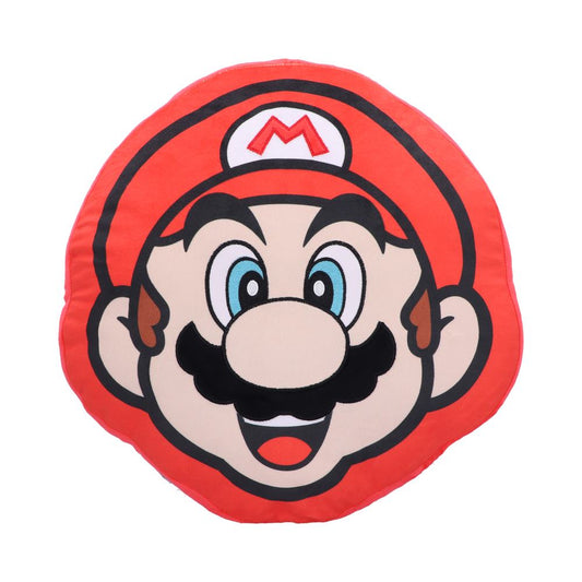 A plush cushion displays a cartoon character's face with a red cap featuring an "M" emblem. The character has blue eyes and a black mustache. Set against a plain, white background.