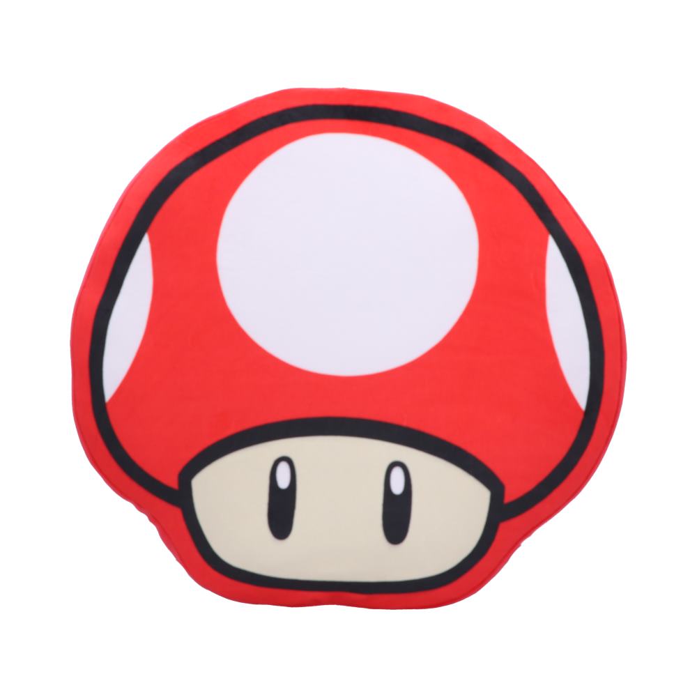 A plush cushion depicts a red and white cartoon mushroom with a friendly face, featuring large eyes, centralized in a minimalist, white background.