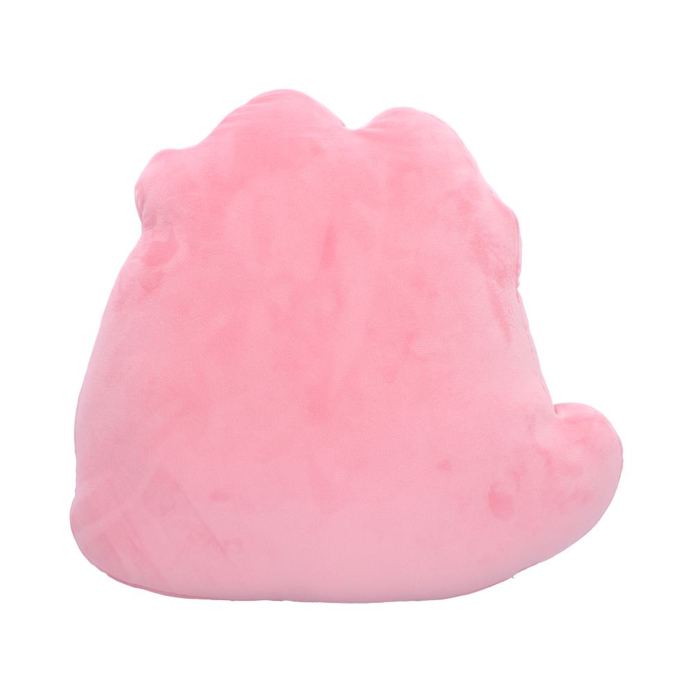 A pink, cloud-shaped pillow sits against a bright white background. Its surface appears soft, almost plush-like.