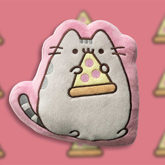 A pink Pusheen plush holds a slice of pizza up to its mouth, looking content. The background is pink, with faint, blurry pizza slice shapes repeated.
