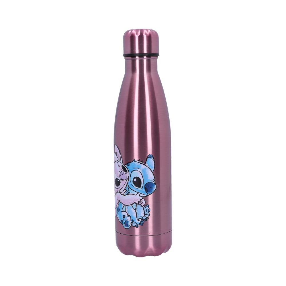 A pink, metallic water bottle stands upright, featuring a cartoon image of Stitch and Angel embracing. The bottle is set against a plain, white background.