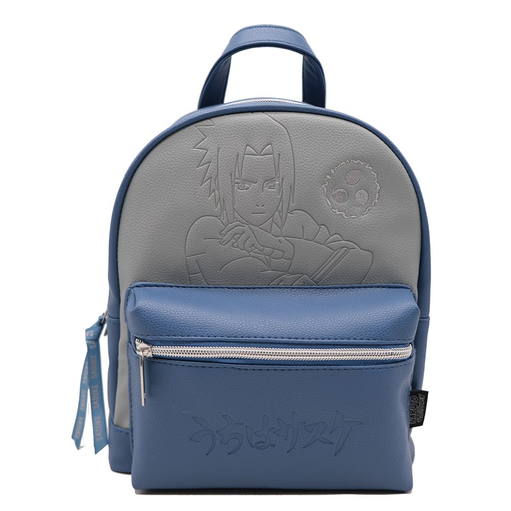 A blue and gray backpack features an embossed anime character on the front. Below, the text reads "うちはサスケ," with additional zipper pull tabs on the front pocket.