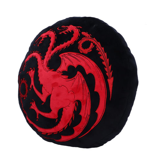 A round cushion features a red dragon emblem, wings spread, against a black background, emphasizing bold, intricate design lines.