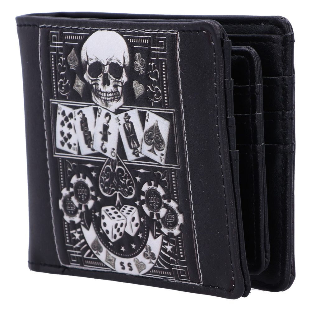 Black wallet featuring a design with a skull, playing cards, dice, and poker chips labeled "1000." The background includes suits from decks of cards as decorative elements.