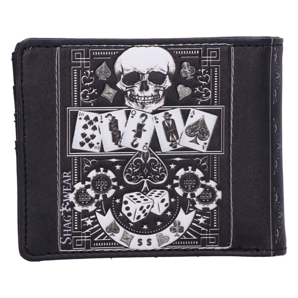 A black wallet displays a skull, playing cards, dice, and poker chips in a detailed design. Text reads "1000 $$" and "SHAG WEAR" amidst decorative patterns.