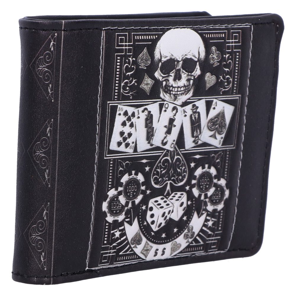 Wallet featuring a skull and cards motif with a 10, Jack, Queen, King, and Ace. Surrounding elements include spades, poker chips with "1000" and "100," and dice in a decorative style.