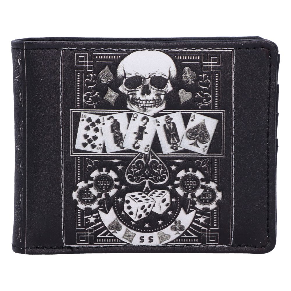 A black wallet features a skull above a hand of playing cards, with poker chips and dice below. The design includes spade, heart, club, and diamond symbols, creating a gambling theme.