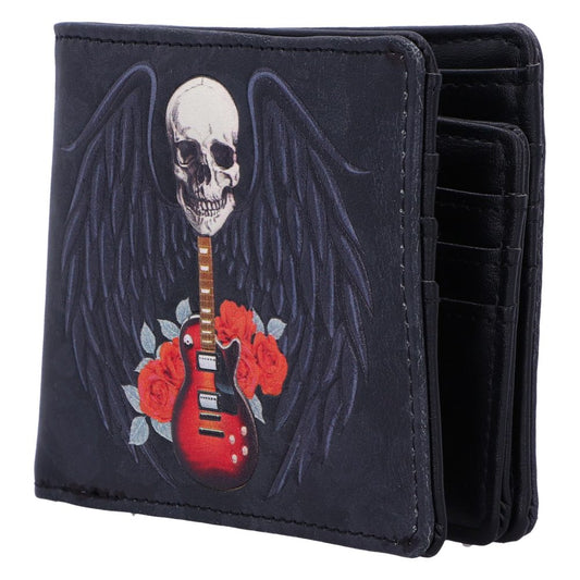 A black wallet features a graphic design of a skull with black wings and a red electric guitar surrounded by roses. The wallet is partially open, revealing card slots.