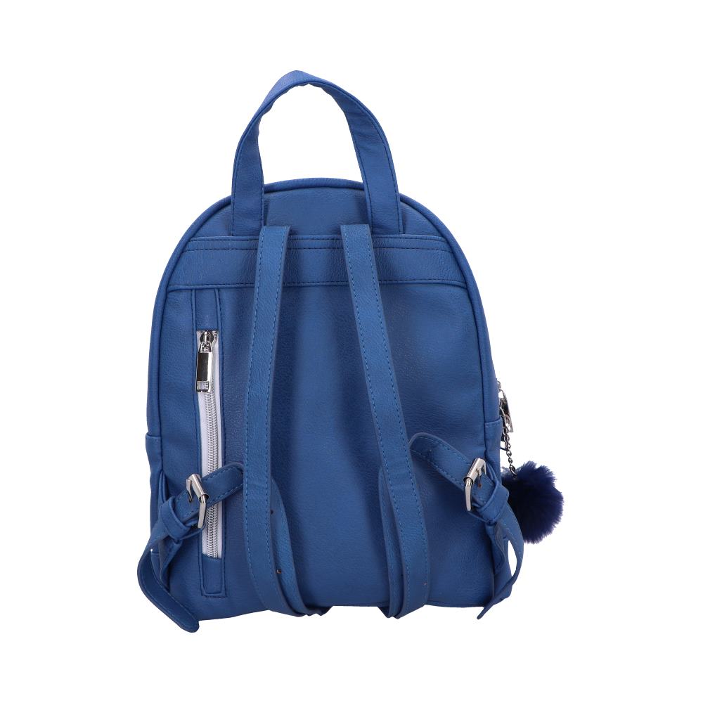 A blue backpack rests on a white background. It features adjustable straps and a small zippered pocket. A fuzzy, dark-colored pom-pom is attached to one strap.