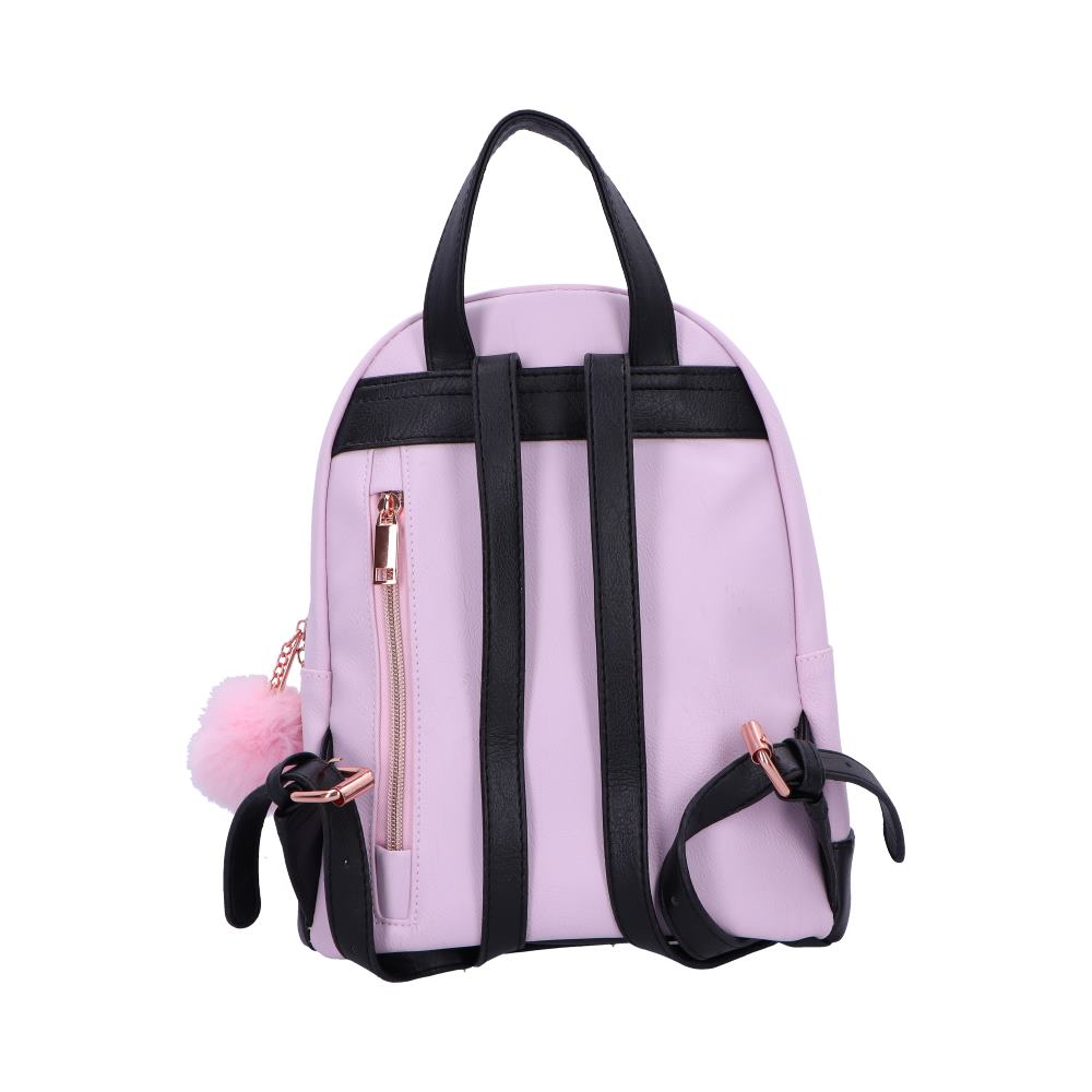 A lavender backpack with black straps sits against a white background. A small pink pom-pom is attached to one side.