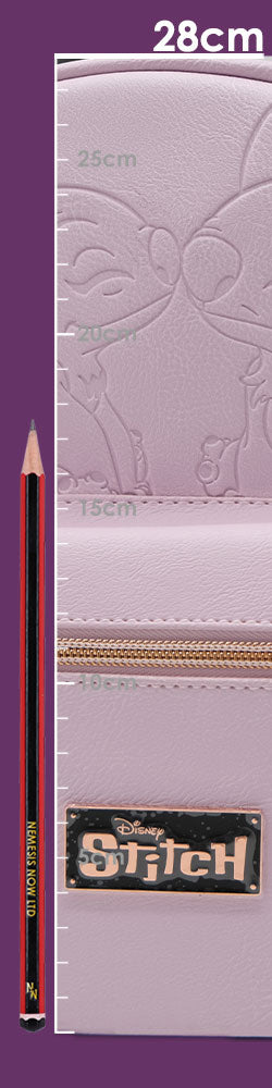 A lavender Stitch-themed bag is being measured against a ruler. The bag's dimensions are shown in centimeters: 28cm, 25cm, 20cm, 15cm, and 5cm. A pencil is beside the ruler for scale.