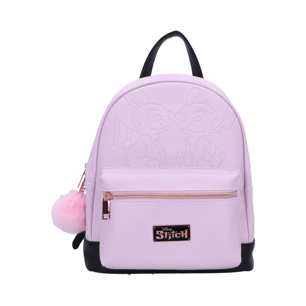 A lavender backpack, featuring embossed Stitch characters, sits against a white background. A small pink pom-pom adorns its side. The backpack has a black bottom and a rose gold zipper. Disney Stitch is displayed on a label.