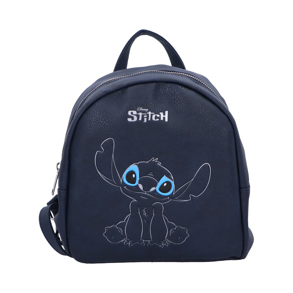 A dark-blue Stitch backpack sits on a white background. The backpack features an embroidered Stitch image and the text "Disney Stitch".