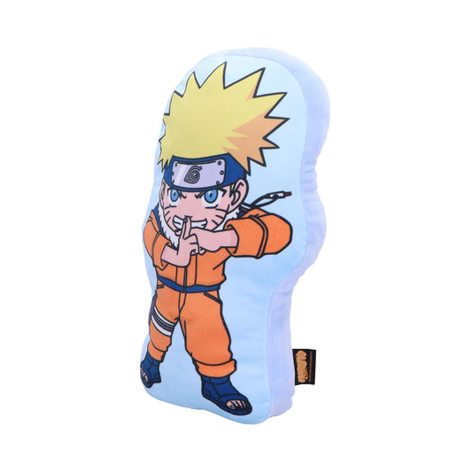 A pillow featuring an animated character with spiky blonde hair in an orange jumpsuit forming a hand sign; placed against a plain white background.