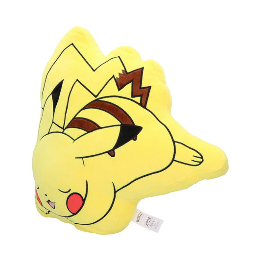 A yellow Pikachu-shaped pillow depicts Pikachu sleeping peacefully, with closed eyes and a calm expression, in a plain white background. The pillow tag reads "Pokémon Center."