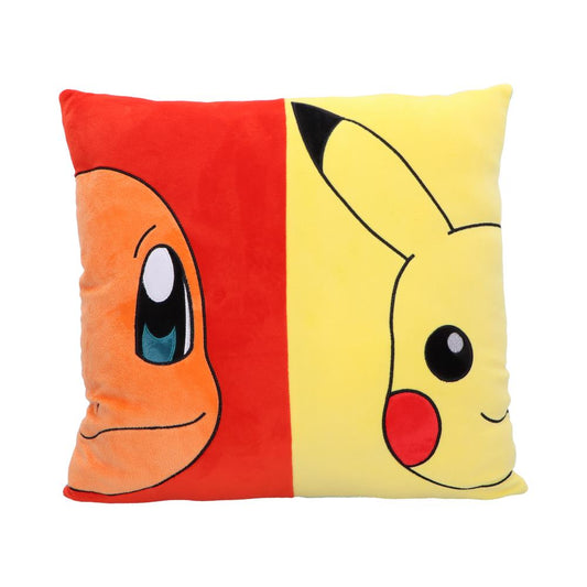 A square pillow displays a split design with half of Charmander's face on a red background and half of Pikachu's face on a yellow background, set against a plain backdrop.