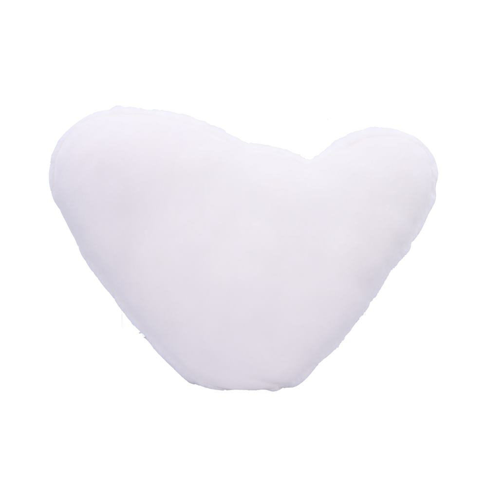 A heart-shaped white pillow resting against a plain white background, emphasizing its softness and contour.