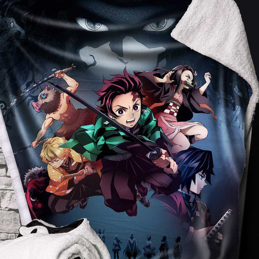 Five anime characters wielding weapons, poised for battle, dominate the center. A mysterious face looms in the background, set against a dark forest, creating a tense atmosphere.