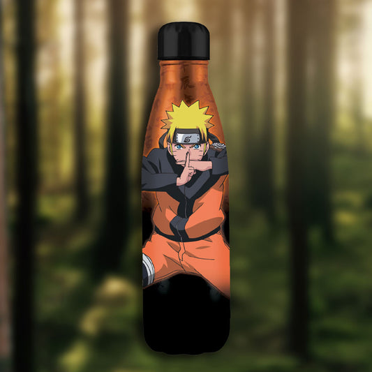 A metal bottle features an anime character in an action pose, set against a blurred forest background.