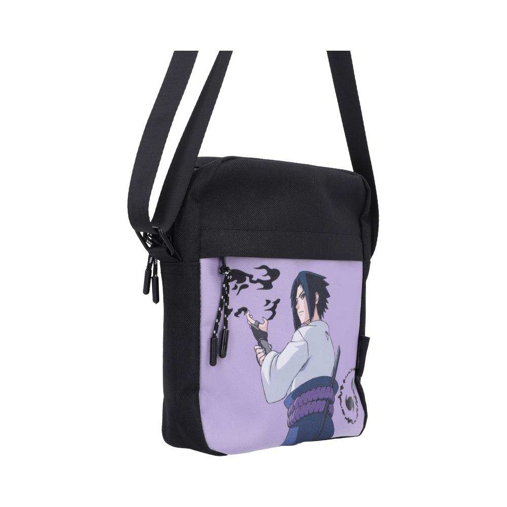 Naruto Sasuke Crossbody Bag - Side view of purple artwork and strap fittings