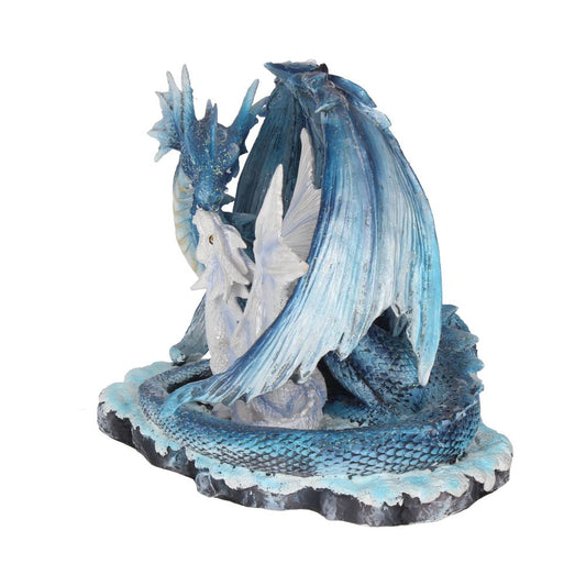 A detailed blue and white dragon figurine sits coiled with wings partially open, resting on a rocky base, exuding a mythic and fantasy-inspired presence.