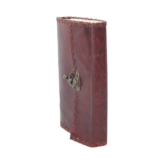 A leather-bound journal stands, closed, its cover secured by a vintage-looking metal clasp. The leather is dark reddish-brown, stitched around the edges. It sits against a white background.