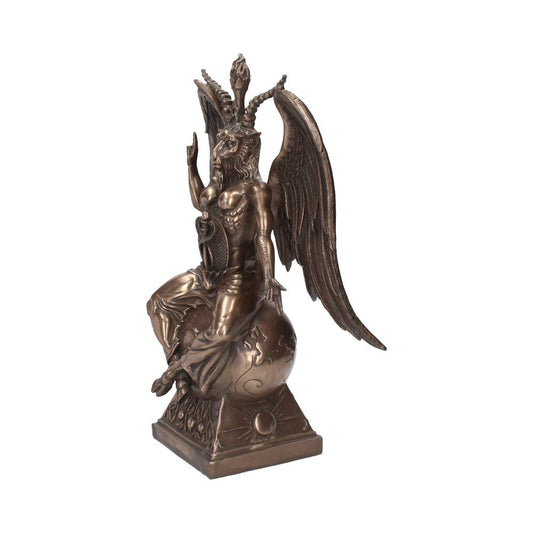 A Baphomet statue sits atop a globe, raising its right hand. The statue is bronze-colored and the background is a solid white.