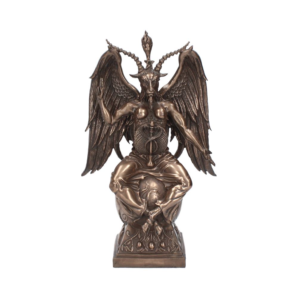 A bronze-colored Baphomet statue sits, its wings spread wide, atop a globe. The statue has a goat head with horns, breasts, and a snake coiling around its abdomen. The background is a solid, bright white.