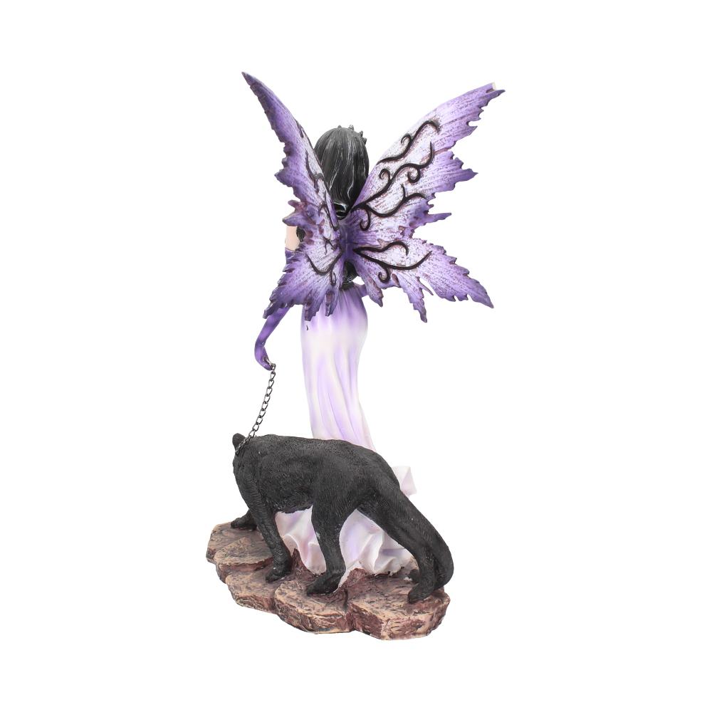 A winged fairy with purple wings stands holding a chain connected to a black panther on a rocky base, set against a plain white background.