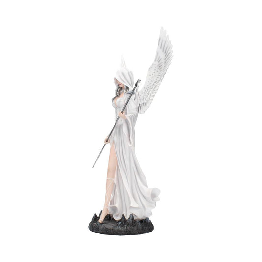 A hooded angelic figurine stands with large wings, holding a staff. She wears a flowing white gown with a high slit, positioned on a rocky base, against a plain background.