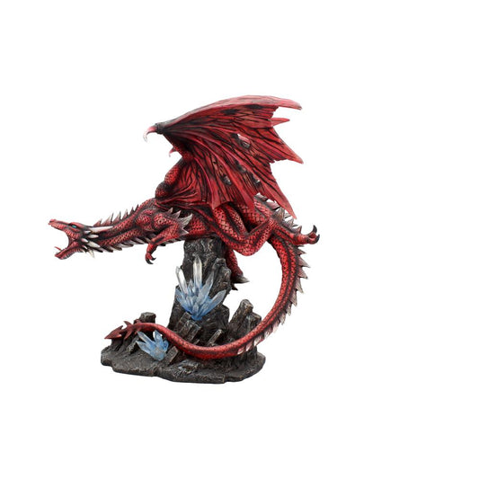 A red dragon sculpture perched on a rocky base. Its wings are spread, and it appears fierce. Translucent crystals protrude from the rocks, adding a mystical touch.