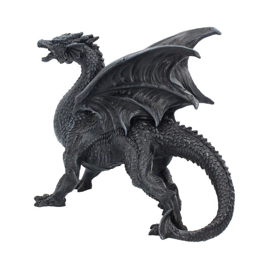 A detailed, dark gray dragon figurine is poised with spread wings and an open mouth. It stands on a plain surface, showcasing textured scales and a curled tail in a neutral setting.