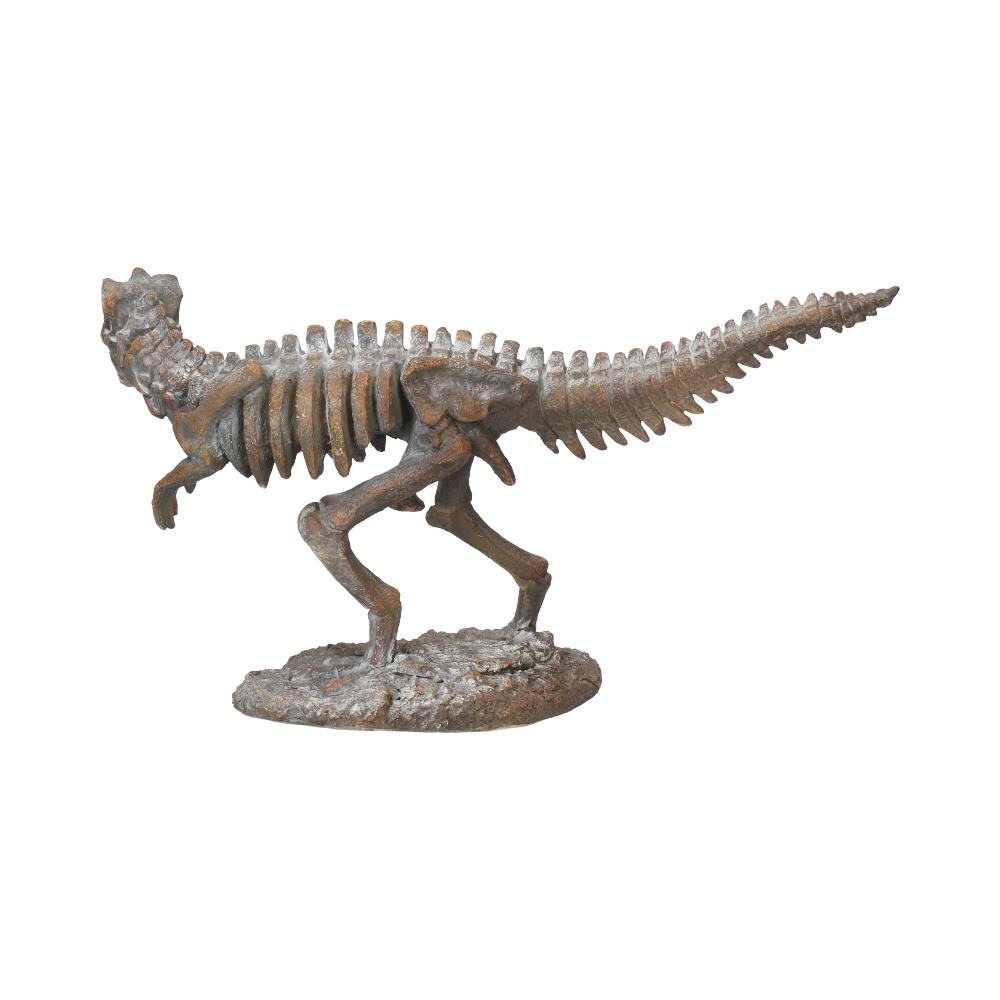 A weathered dinosaur skeleton stands upright, posed as if walking forward on a textured, stone-like base against a plain white background.